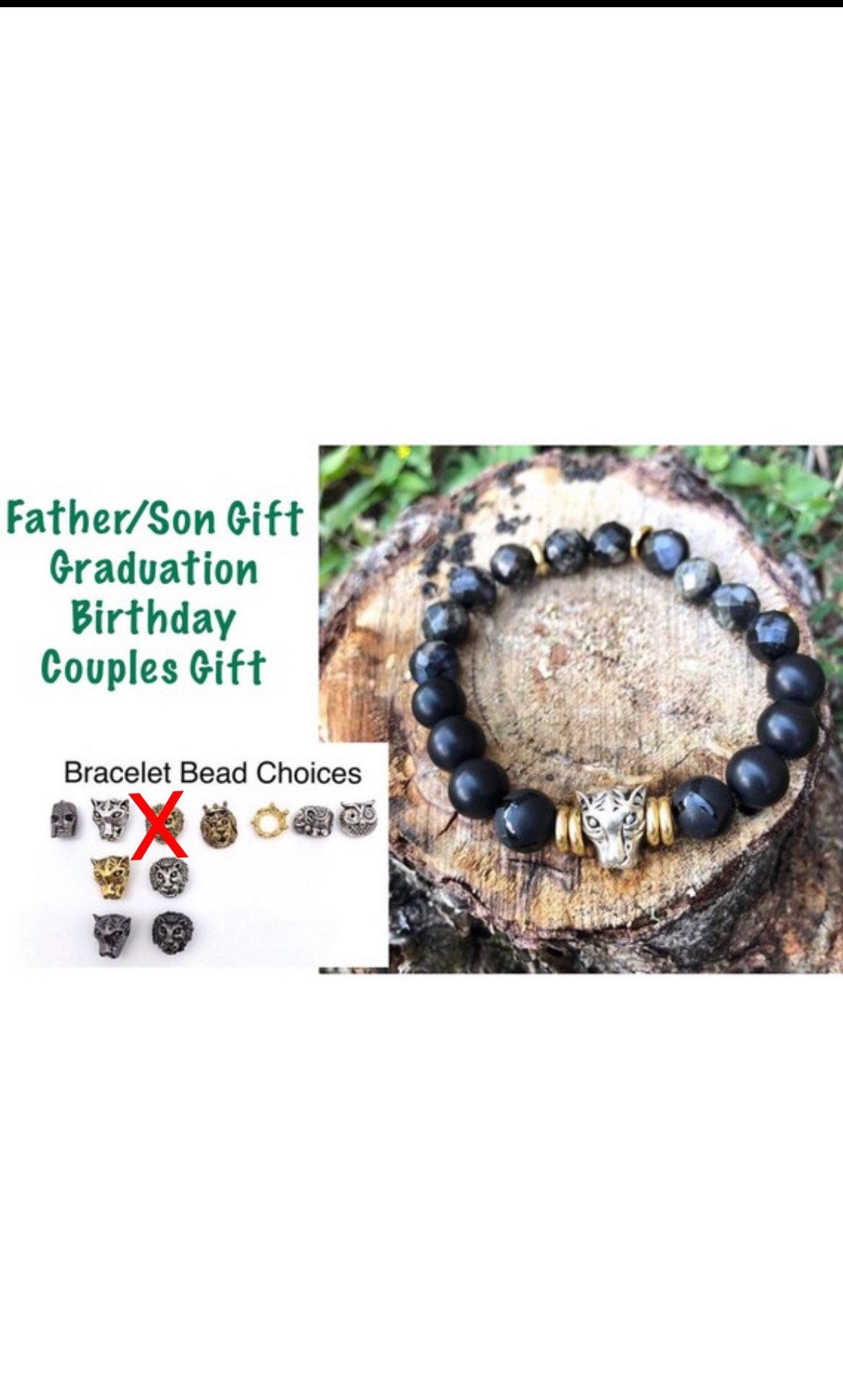 Herren Jaguar Onyx Und Grau Opal Stretch Armband, Bead Schwarzes Tier Armband von ShalomJewelry