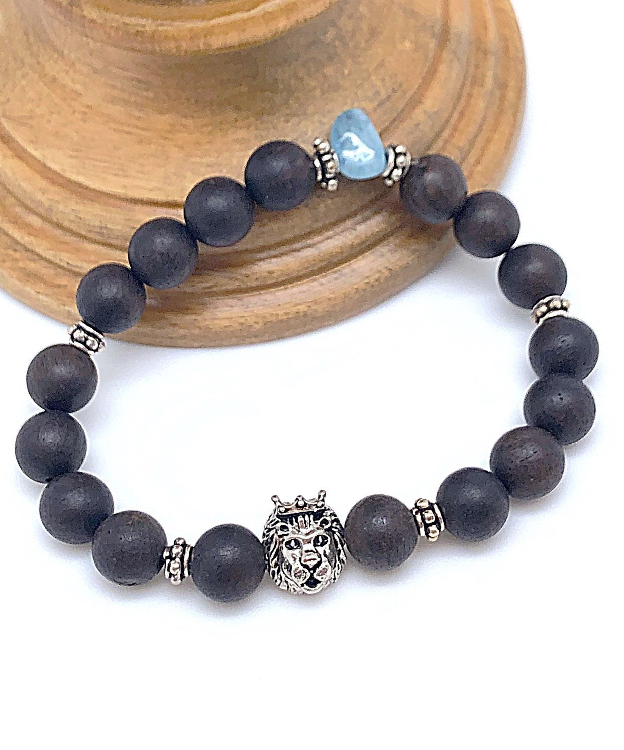 Herren Matt Braun Sandelholz Aquamarin Sterling Safari Armband, Dunkelbraun Tier Stretch Armband von ShalomJewelry