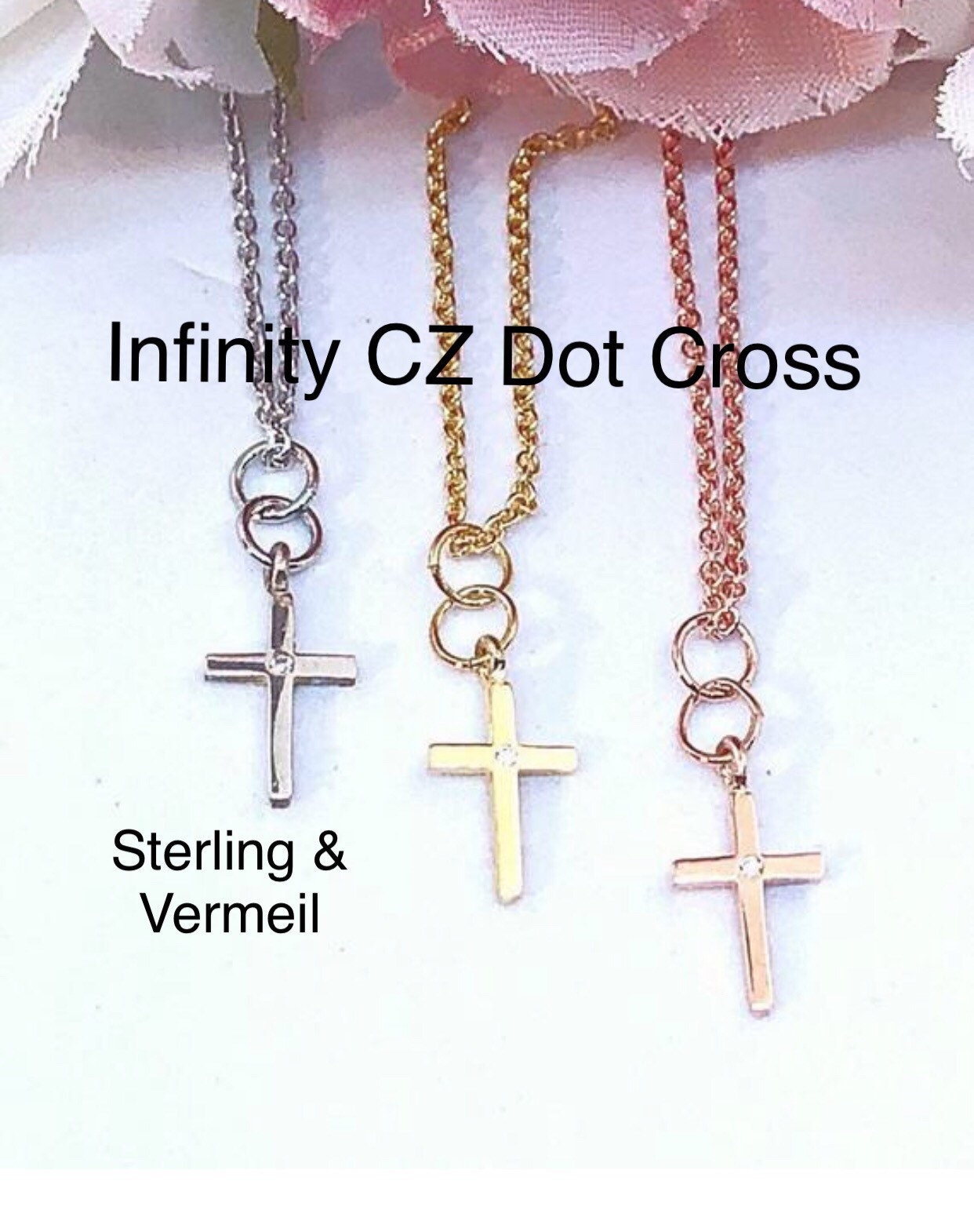 Infinity Petite Cz Dot Kreuz Anhänger in Sterling, Gold Und Rose Vermeil, Brautjungfer Halskette, Zierliches Teen von ShalomJewelry