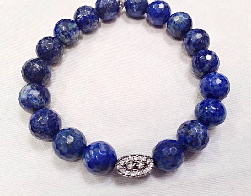 Lapis Stretch Armband Mit Weißer Topas Perle, Armband, Facettierter Dehnbar, Schmuck von ShalomJewelry