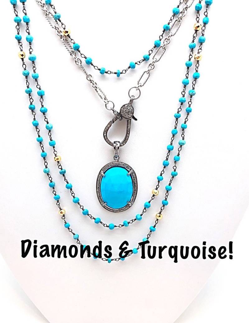 Pave Diamant Oval Türkis Auf Sterling Figaro Halskette Mit Großem Karabinerverschluss, Anhänger Karabiner von ShalomJewelry