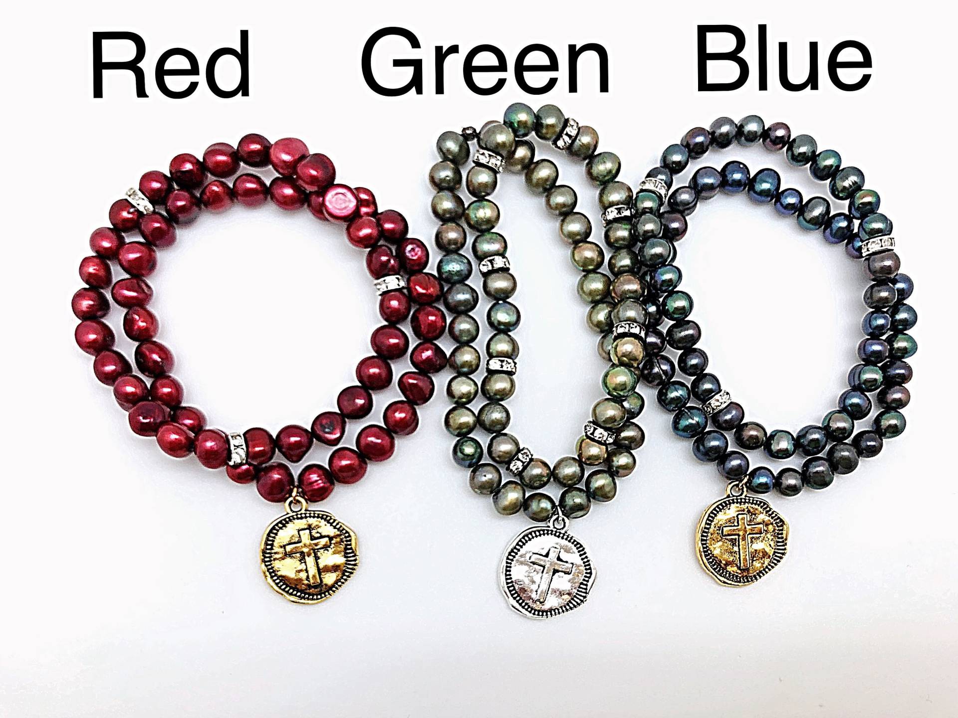 Perlen Set Cross Cz Stretch Armbänder, Sale Geschenkset Pearl & Armbänder von ShalomJewelry