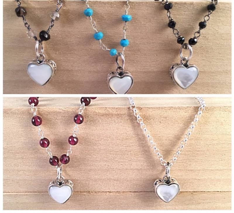 Perlmutt-sterling-Herz-Handverdrahtete Kette, Kleine Herz-Halskette Auf Edelstein-Kette, Herz-Halskette, Kinderherz-Halskette von ShalomJewelry