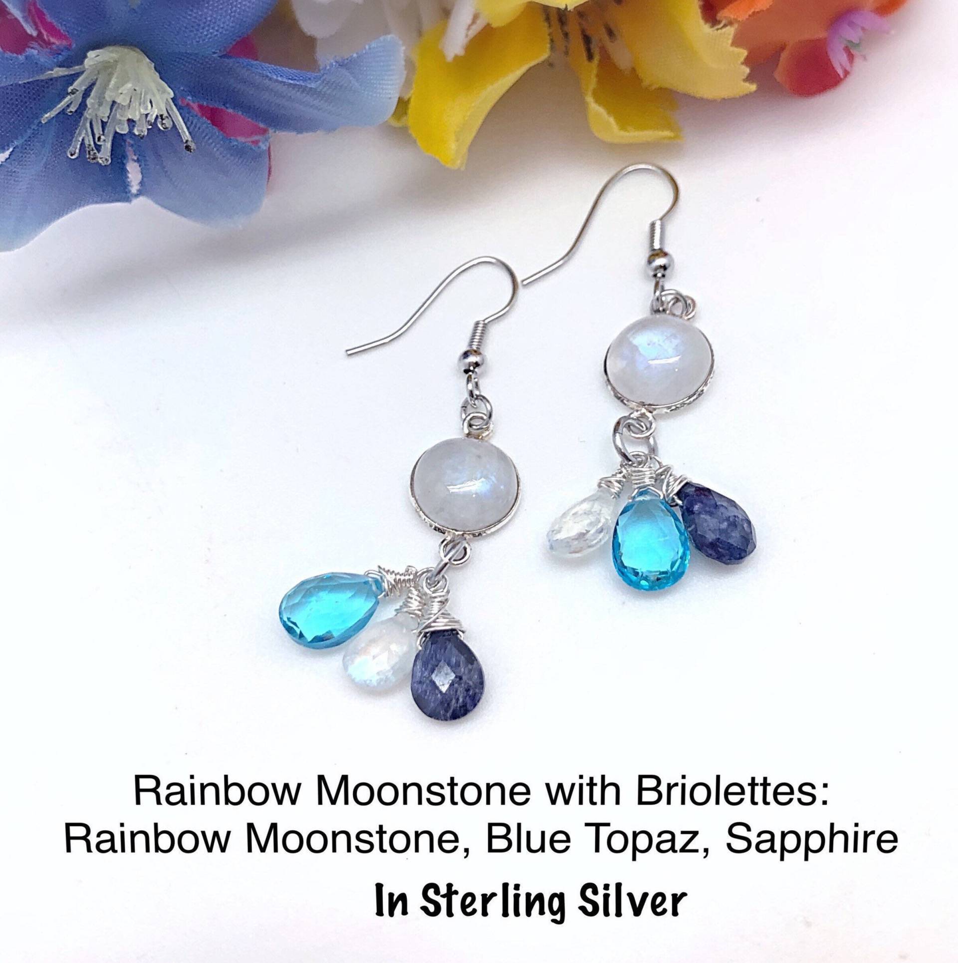 Regenbogen Mondstein Sterling Ohrringe Mit Mehrfarbigen Briolette Baumeln, Triple Sundance Style von ShalomJewelry