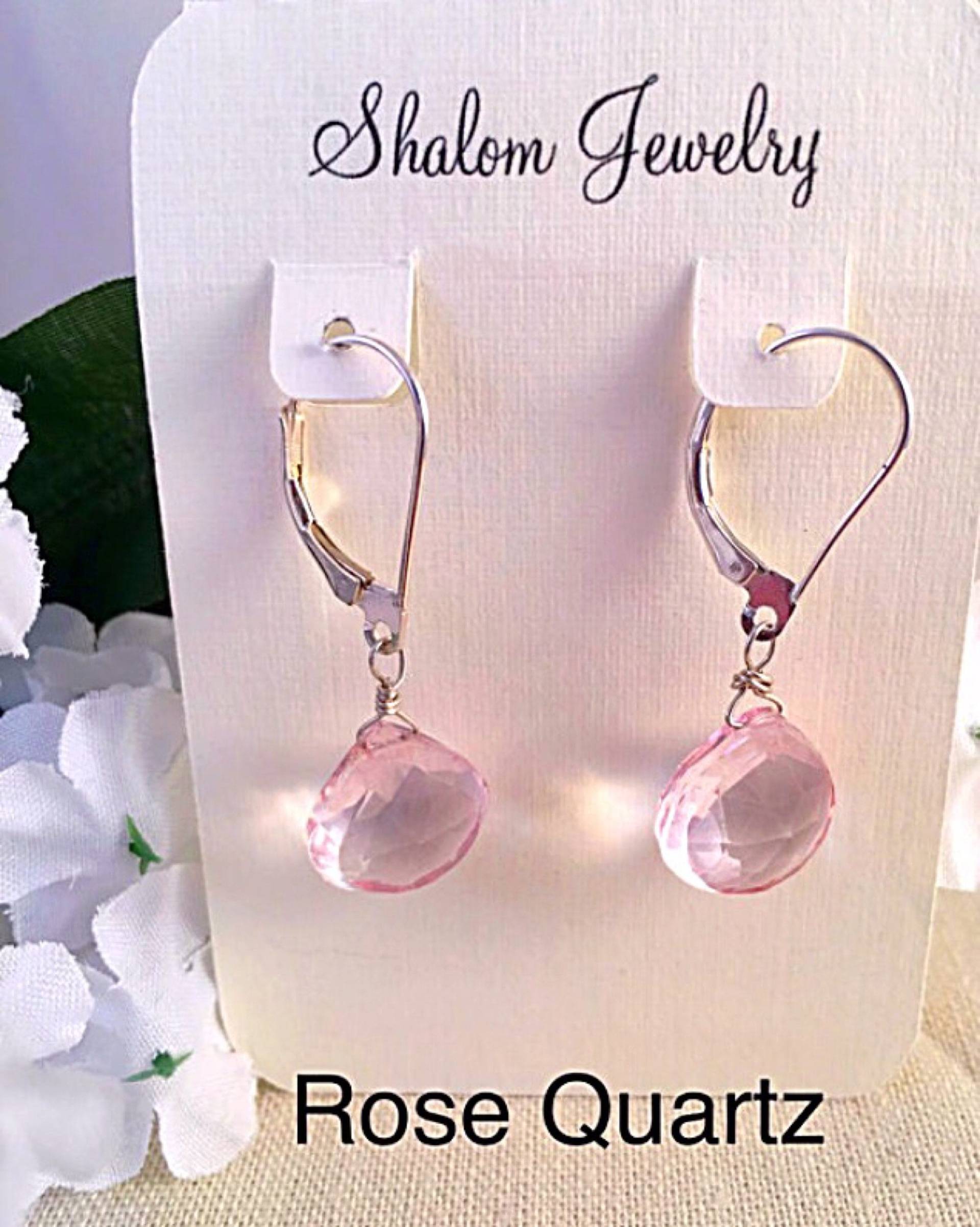 Rosenquarz Ohrring, Hellrosa Briolette Klappbrisur Ohrring Gelbgold von ShalomJewelry