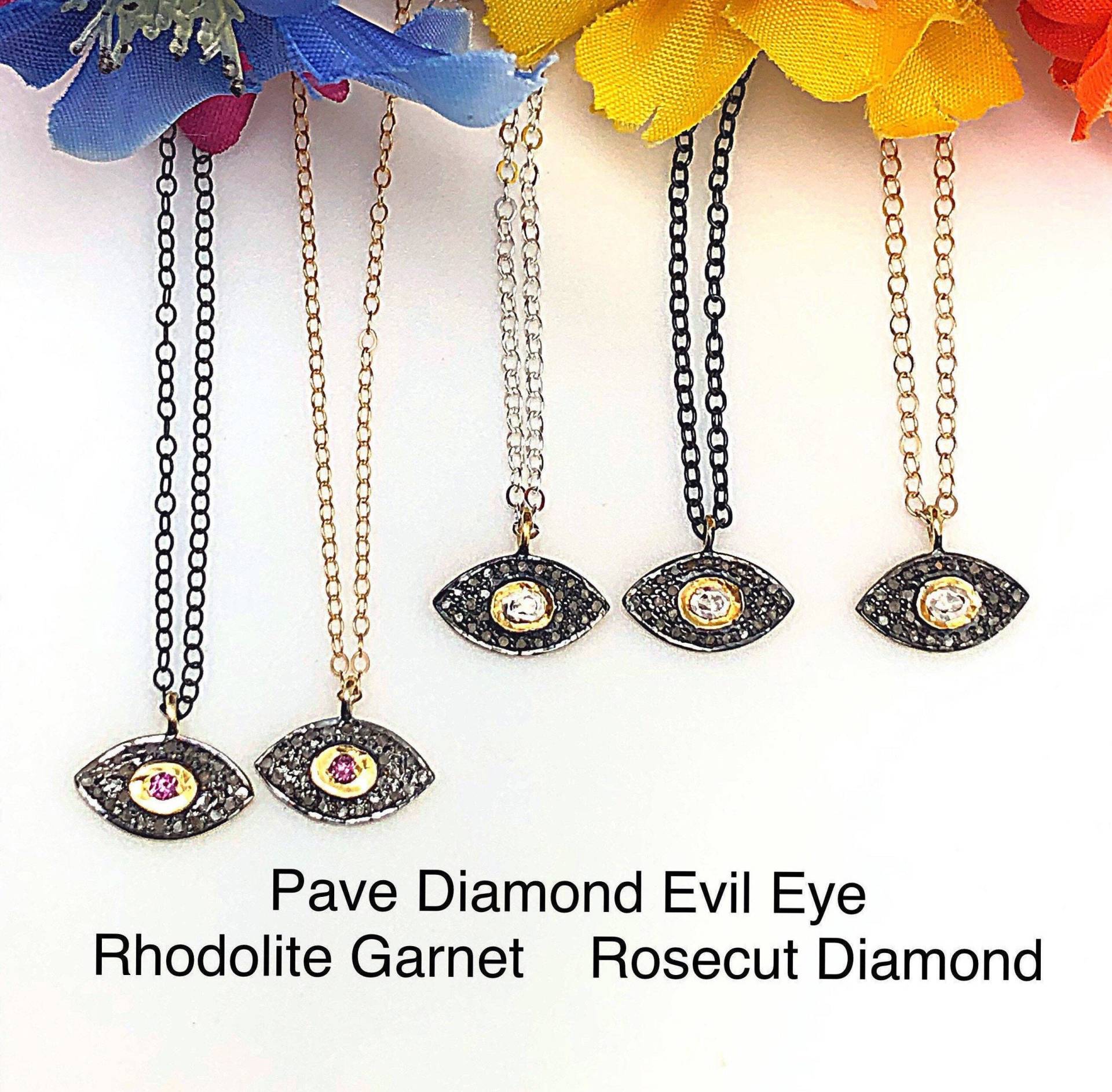 Rosenschliff Diamant Oder Rhodolith Granat Evil Eye Halsketten, Pave Halskette, Kleine Halsbänder von ShalomJewelry