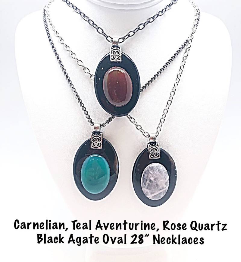 Sale Black Oval Achat W/Gem Centers 28 "Kettenhalskette, Sale Rosenquarz Lange Halskette, Petrol/Schwarz Halskette von ShalomJewelry