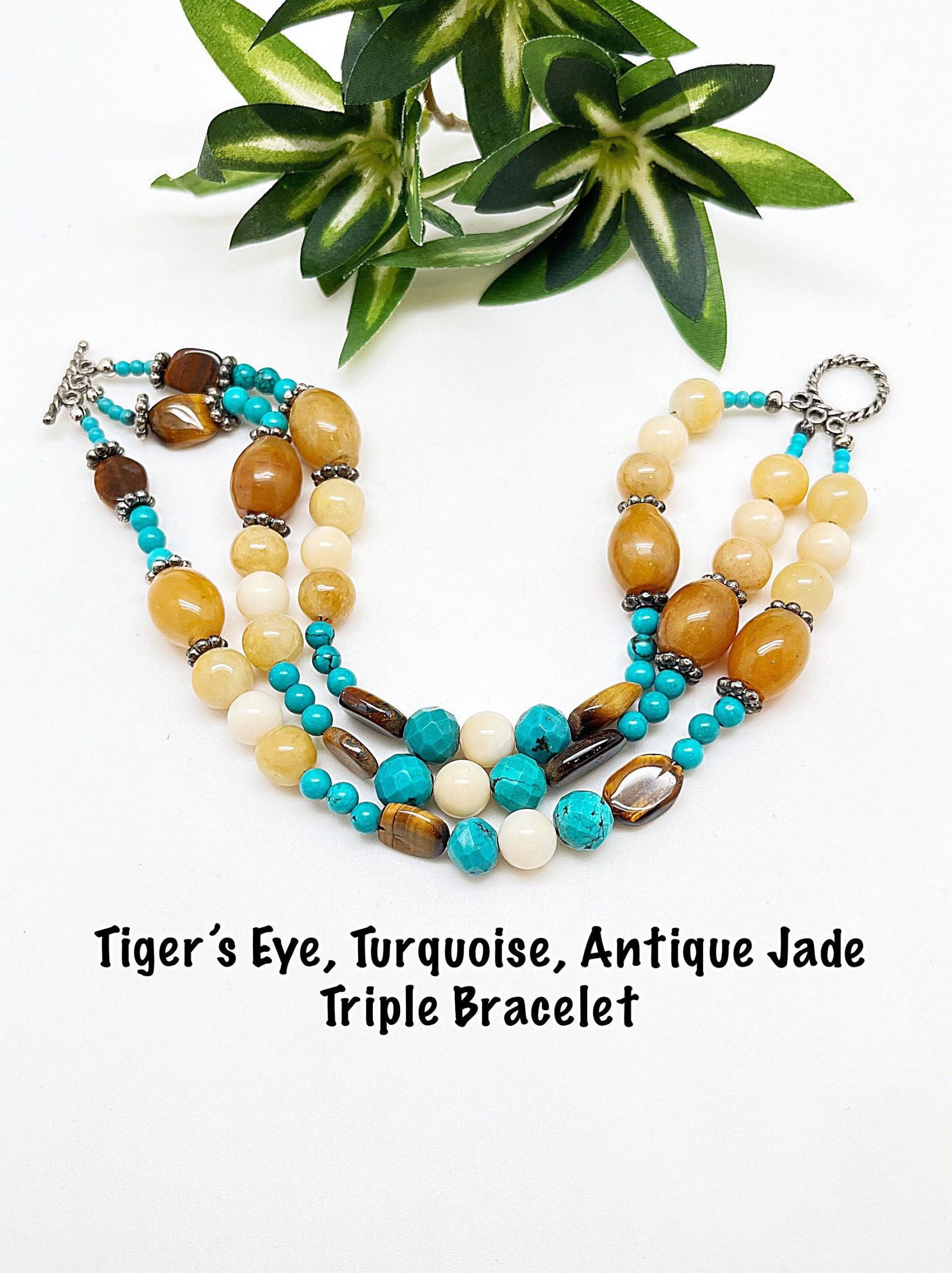 Sale Ooak Dreireihiges Armband, Türkis, Sale Tigerauge Armband 7/7 1/2 " von ShalomJewelry