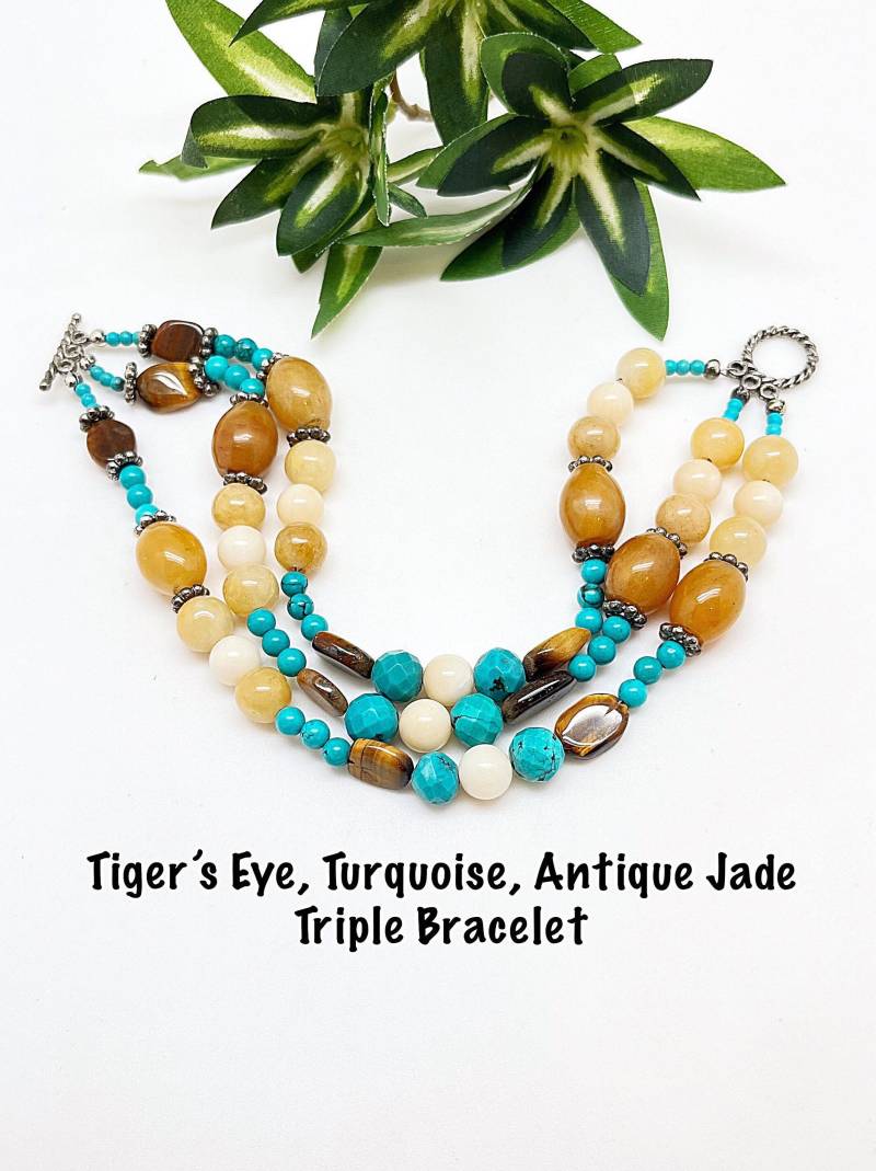 Sale Ooak Dreireihiges Armband, Türkis, Sale Tigerauge Armband 7/7 1/2 " von ShalomJewelry