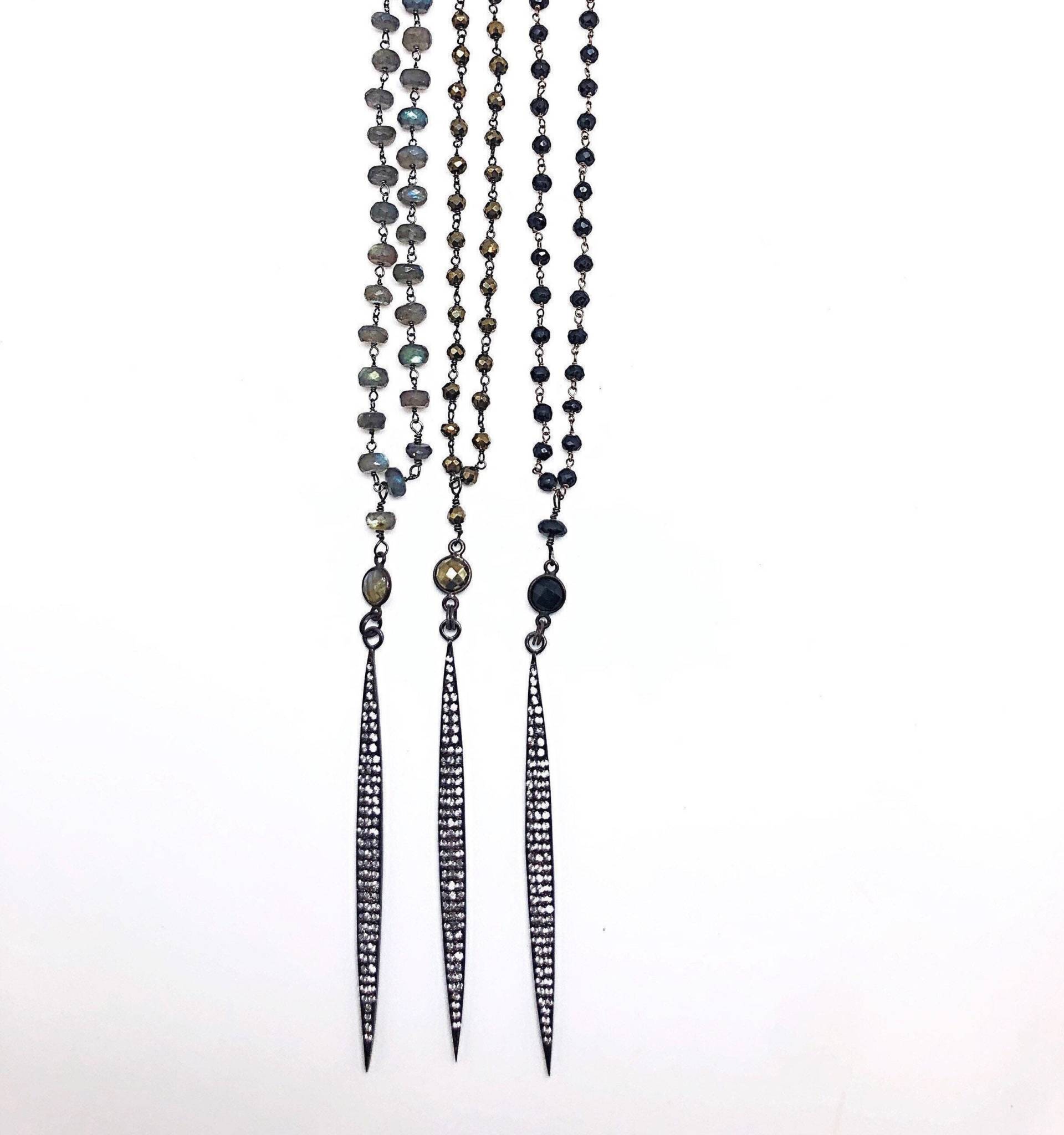 Schlanke Pave White Topas Spike Auf Hand Verdrahtete Halsketten, Labradorit Kette, Pyrit Halskette, Halsketten von ShalomJewelry