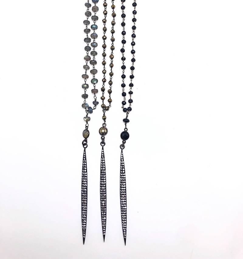 Schlanke Pave White Topas Spike Auf Hand Verdrahtete Halsketten, Labradorit Kette, Pyrit Halskette, Halsketten von ShalomJewelry