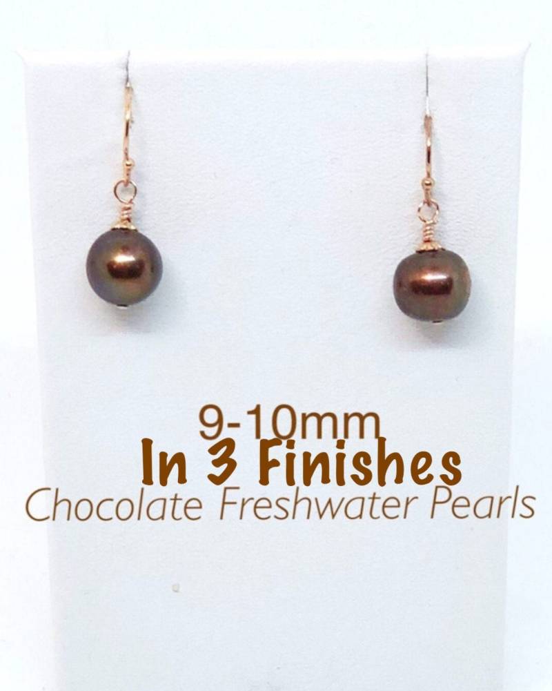 Schokolade Perlen Baumeln Ohrringe in Silber Ton, Roségold Oder Gelbgold, Brautjungfer Süßwasser Perlenohrring, Schokoladenperlen von ShalomJewelry