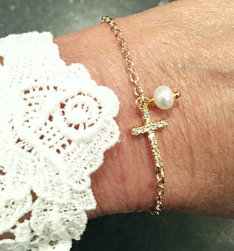Sideways Gold Pave Cz Kreuz Halskette Oder Armband Dangle Perle 5 Andere Edelsteine Halskette von ShalomJewelry