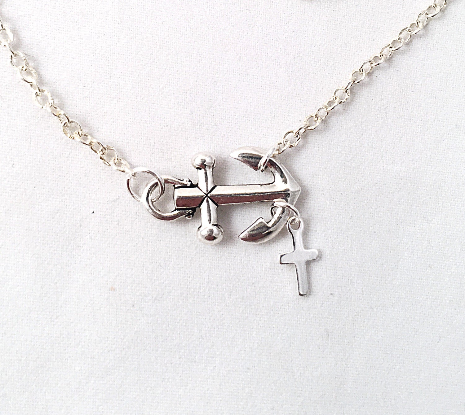 Silber Anker Mit Baumelndem Kreuz Und Optional Diamant Initiale, Halskette, Freundschaftsanker von ShalomJewelry