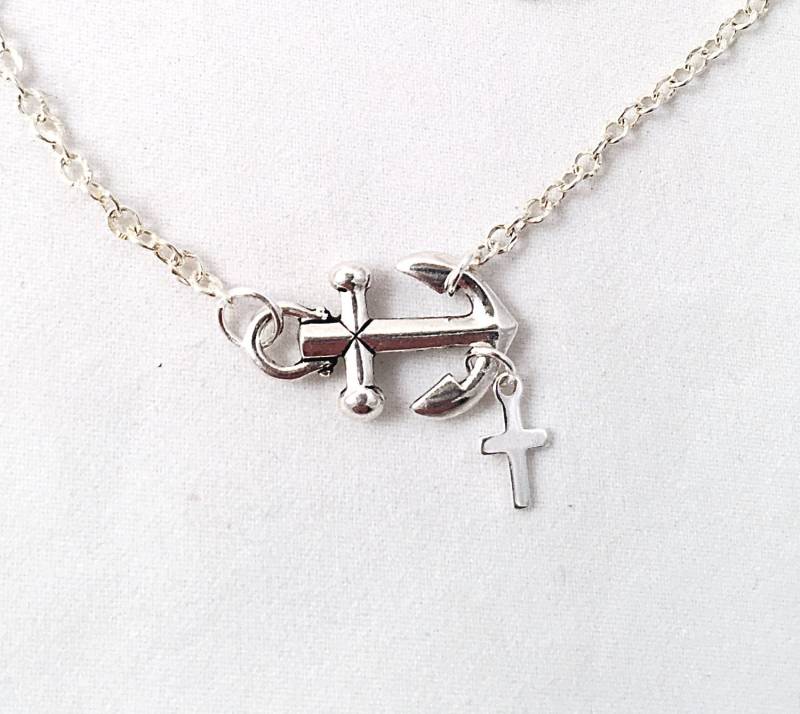 Silber Anker Mit Baumelndem Kreuz Und Optional Diamant Initiale, Halskette, Freundschaftsanker von ShalomJewelry