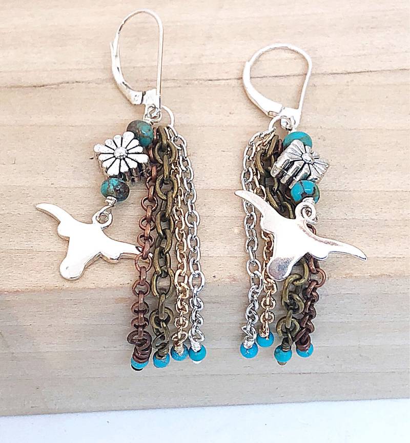 Sterling Longhorn Multi-Ketten Türkis Baumeln Ohrringe, Einzigartige Southwestern Steer Multi-Color Kette Ohrhänger, Ooak von ShalomJewelry