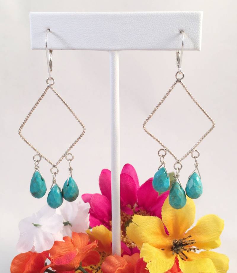 Türkis Sterling Chandelier Ohrring, Silber Ohrhänger, Hand Verdrahtet Brioletten, Statement Boho Ohrring von ShalomJewelry