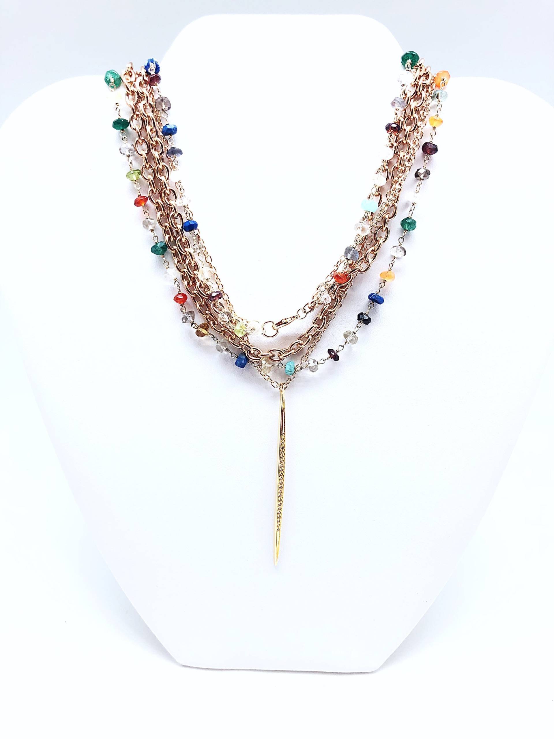 Verkauf Cz Gold Spike On Multi Edelstein & Ketten Halskette, Dreifach Kette Spike, Lange Dreifache Halskette von ShalomJewelry