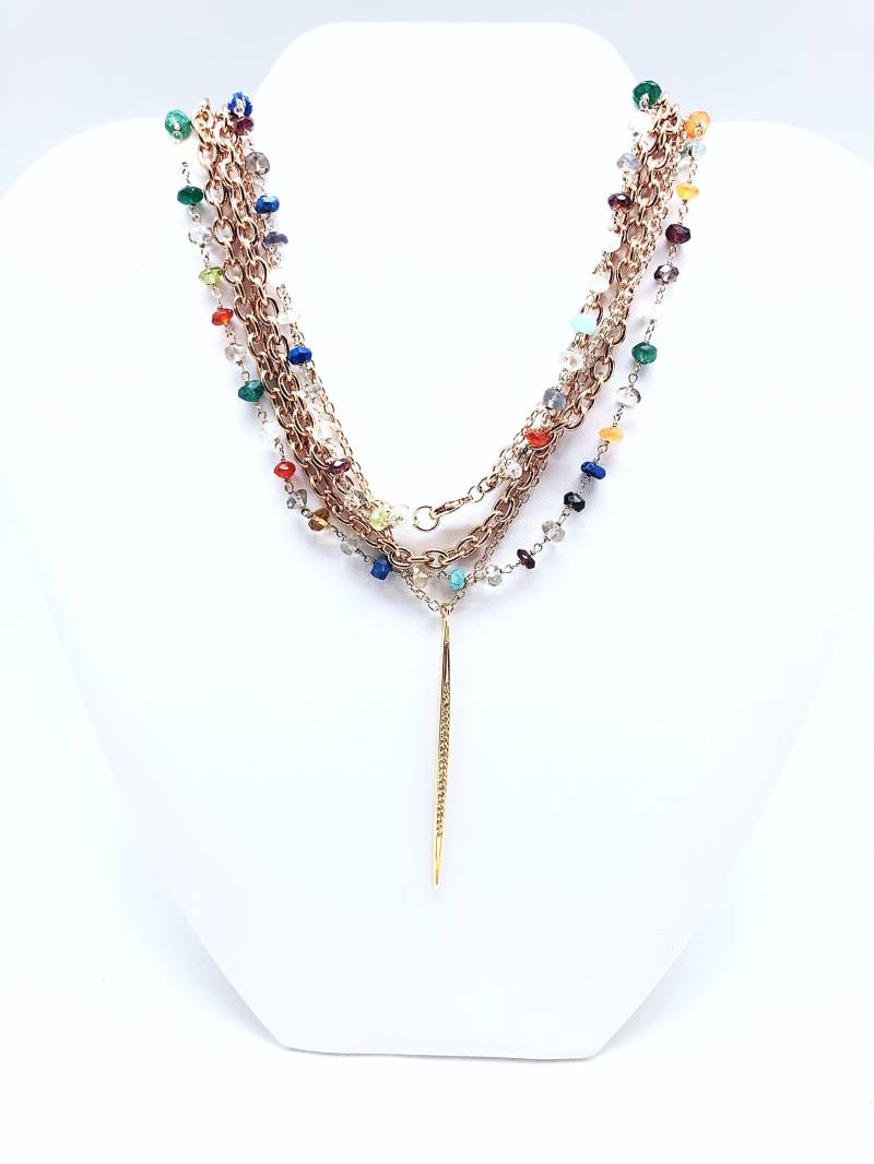 Verkauf Cz Gold Spike On Multi Edelstein & Ketten Halskette, Dreifach Kette Spike, Lange Dreifache Halskette von ShalomJewelry