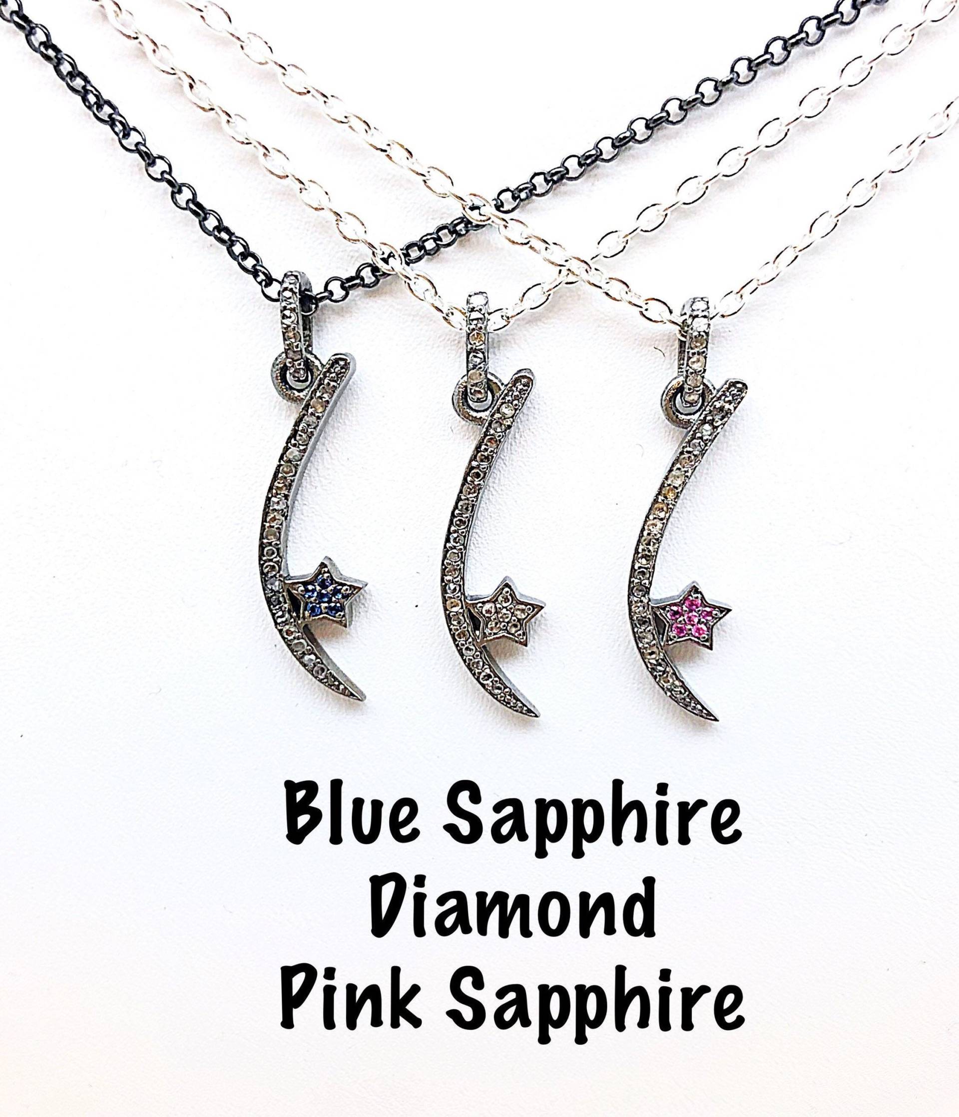 Verkauf Diamant Mond-stern-Halskette, Rosa Saphir Blauer Saphir-Diamant-Mond-stern-Halskette, Geschlecht Offenbaren von ShalomJewelry