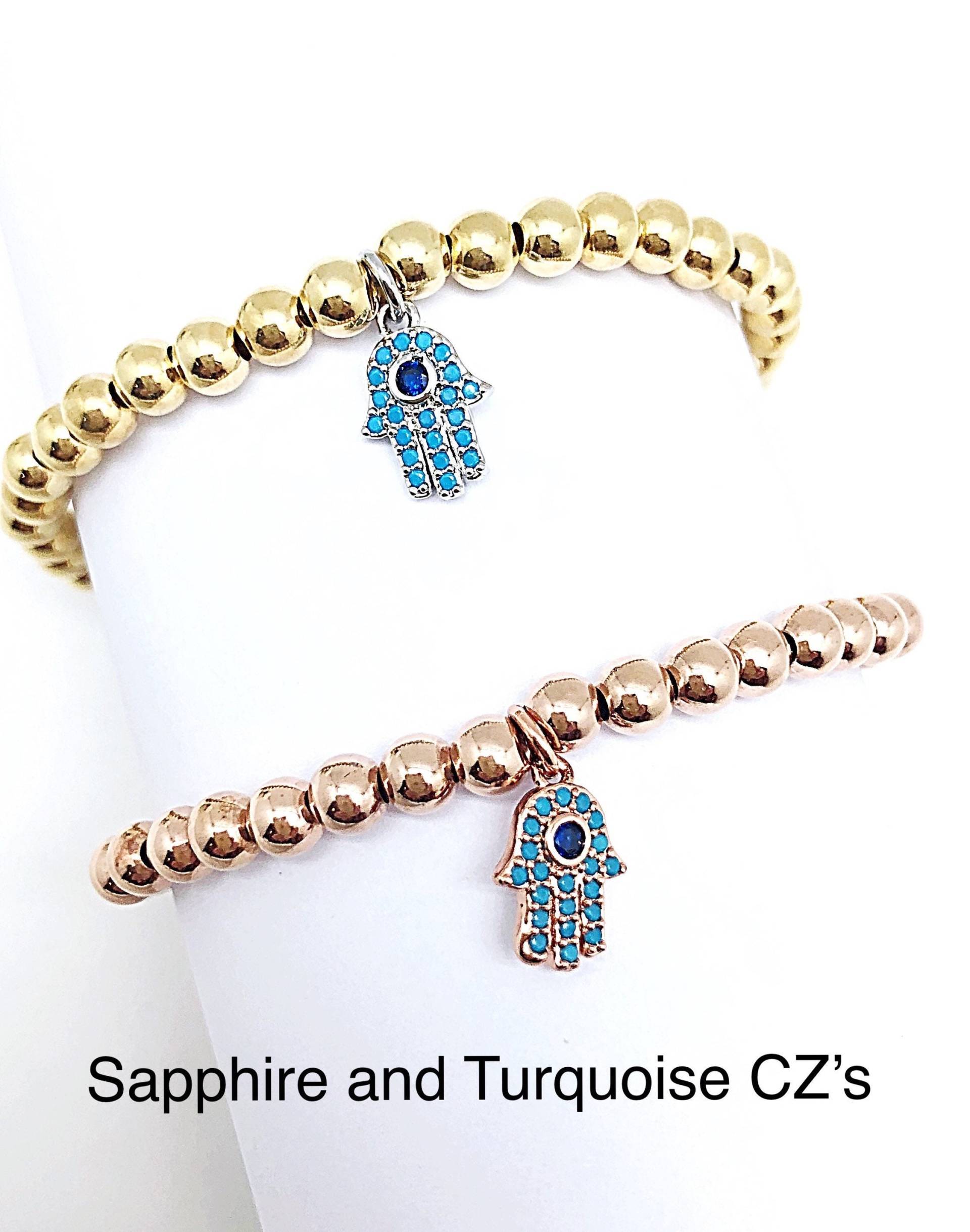 Verkauf Evil Eye Saphir Cz Auge Hamsa Gold Bead Dehnbar, Rose Armband, Dehnbar von ShalomJewelry