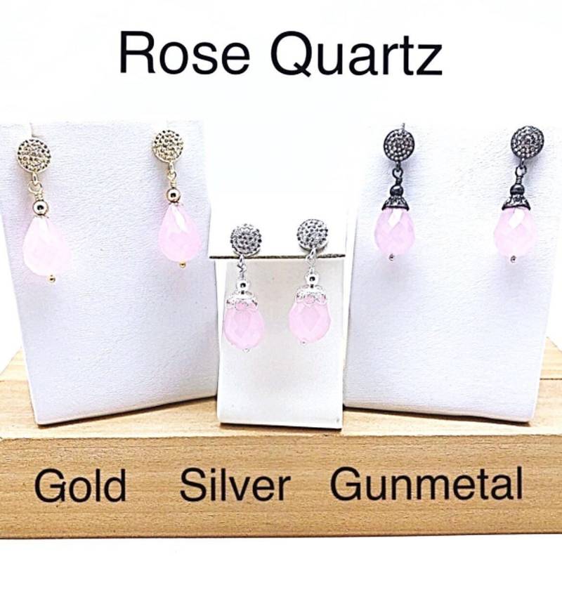 Verkauf Facettierte Rosenquarz Ohrhänger Mit Pave Cz Ohrstecker in Drei Ausführungen, Rosa Cz Bolzen, Ohrring von ShalomJewelry