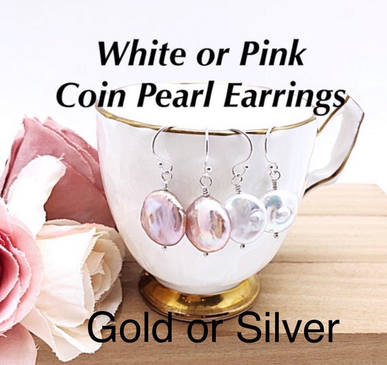 Weiße Oder Rosa Barockperlenohrringe, Sterling-Münzenperlenohrringe, Süßwasserperle Brautohrringe, Brautjungfern-Münzenperlenohrringe von ShalomJewelry