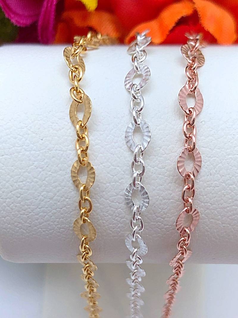 Zierliche Gelb, Rose Gold Gefüllt Oder Sterling Texturierte Oval Flache Kette Armband, Gliederkette Armband von ShalomJewelry