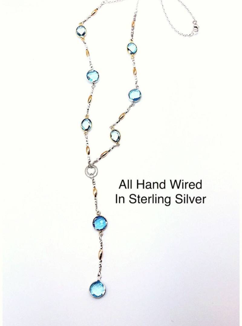 Zwei Ton Lünette Set Blautopas Y-Halskette, Ooak Zweifarbige Vintage Perlenkette, Y-Halskette von ShalomJewelry