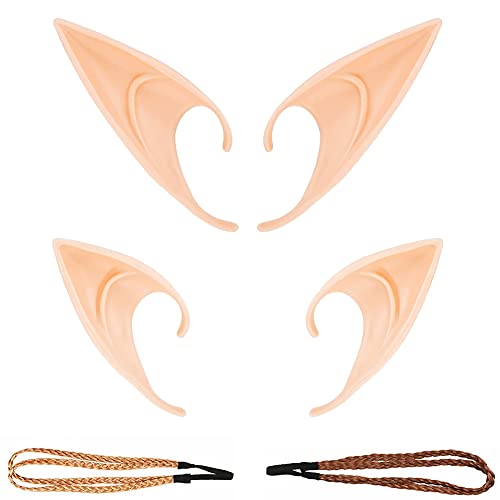 Elfenohren Set, 2 Paar Fantasy Latex Elf Ohren mit 2er Haarband Hobbit Spitzohren zum Aufstecken für Halloween Cosplay Karneval Party Fasching Kostüm von Shalwinn