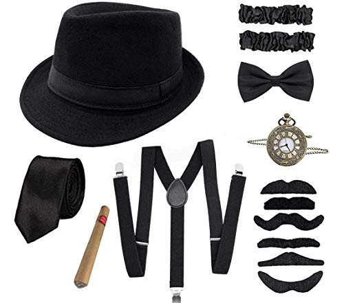 Shalwinn 1920s Jahre Herren Accessoires 20er Gangster Kostüm Mafia Gatsby Kostüm Zubehör Set mit Elastisch Verstellbar Hosenträger schwarz Panama Gangster Hut Taschenuhr von Shalwinn