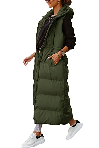 Shanfetl Damen Lange Steppweste Kapuze Maxilänge Ärmellos Puffer Weste Gepolsterter Mantel Winter Oberbekleidung, Grün (Army Green), XXL von Shanfetl