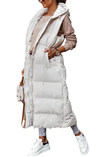 Shanfetl Damen Lange Steppweste Kapuze Maxilänge Ärmellos Puffer Weste Gepolsterter Mantel Winter Oberbekleidung, Weiss/opulenter Garten, L von Shanfetl
