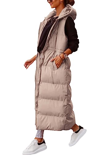 Shanfetl Damen Lange Steppweste Mit Kapuze Maxi Länge Ärmellos Puffer Weste Gepolsterter Mantel Winter Oberbekleidung, Khaki, M von Shanfetl
