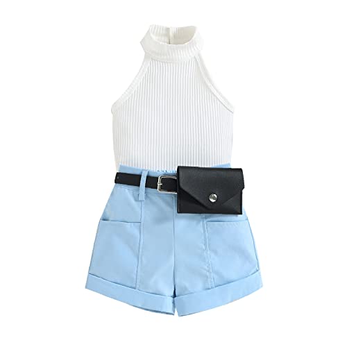 Baby Kleidung Mädchen Sommer Set 2pcs Outfit Ärmellos Rundhals Grubenstreifen Shirt + Shorts mit Taschen Bekleidungsset (blau, 1-2 Jahre) von ShangSRS