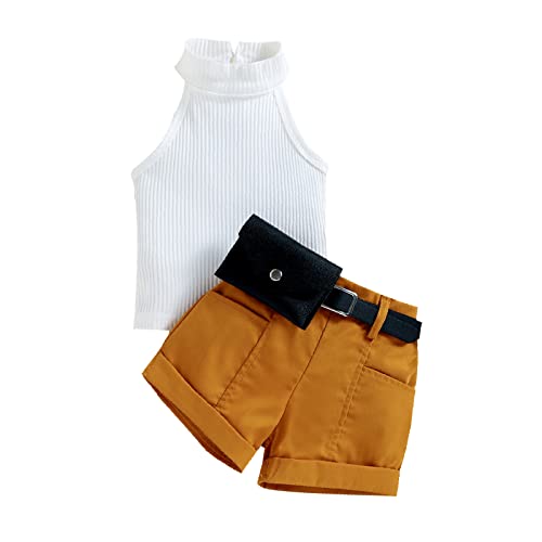 Baby Kleidung Mädchen Sommer Set 2pcs Outfit Ärmellos Rundhals Grubenstreifen Shirt + Shorts mit Taschen Bekleidungsset (gelb, 9-12 Monate) von ShangSRS