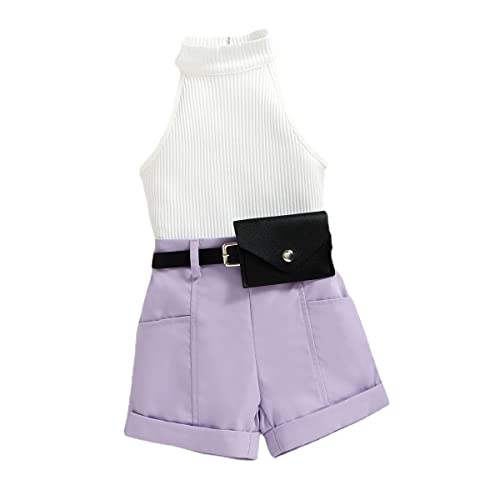 Baby Kleidung Mädchen Sommer Set 2pcs Outfit Ärmellos Rundhals Grubenstreifen Shirt + Shorts mit Taschen Bekleidungsset (lila, 1-2 Jahre) von ShangSRS