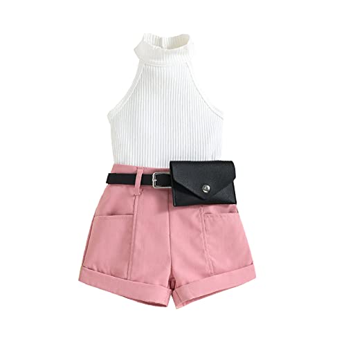 Baby Kleidung Mädchen Sommer Set 2pcs Outfit Ärmellos Rundhals Grubenstreifen Shirt + Shorts mit Taschen Bekleidungsset (rosa, 1-2 Jahre) von ShangSRS