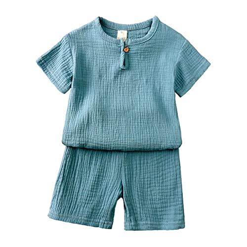 Baby Kleidung Sommer Set Baby Jungen Mädchen Kleidung 2 PCS Outfit Einfarbige Kurzarm Leinen Shirt Top + Einfarbige Shorts Baby Set Neugeborene Kleidung (blau-1, 12-24 Monate) von ShangSRS