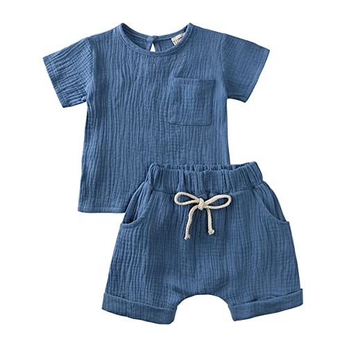 Baby Kleidung Sommer Set Baby Jungen Mädchen Kleidung 2 PCS Outfit Einfarbige Kurzarm Leinen Shirt Top + Einfarbige Shorts Baby Set Neugeborene Kleidung (blau-2, 12-24 Monate) von ShangSRS