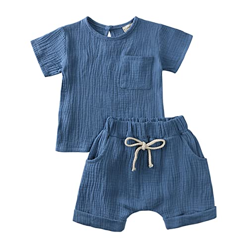 Baby Kleidung Sommer Set Baby Jungen Mädchen Kleidung 2 PCS Outfit Einfarbige Kurzarm Leinen Shirt Top + Einfarbige Shorts Baby Set Neugeborene Kleidung (blau-2, 6-9 Monate) von ShangSRS