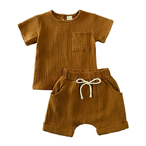 Baby Kleidung Sommer Set Baby Jungen Mädchen Kleidung 2 PCS Outfit Einfarbige Kurzarm Leinen Shirt Top + Einfarbige Shorts Baby Set Neugeborene Kleidung (braun-2, 12-24 Monate) von ShangSRS