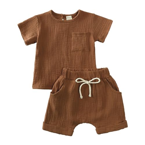 Baby Kleidung Sommer Set Baby Jungen Mädchen Kleidung 2 PCS Outfit Einfarbige Kurzarm Leinen Shirt Top + Einfarbige Shorts Baby Set Neugeborene Kleidung (braun-2, 6-9 Monate) von ShangSRS