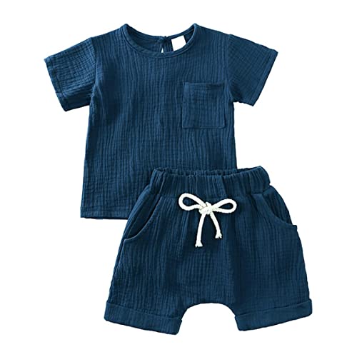 Baby Kleidung Sommer Set Baby Jungen Mädchen Kleidung 2 PCS Outfit Einfarbige Kurzarm Leinen Shirt Top + Einfarbige Shorts Baby Set Neugeborene Kleidung (dunkelblau-2, 3-6 Monate) von ShangSRS