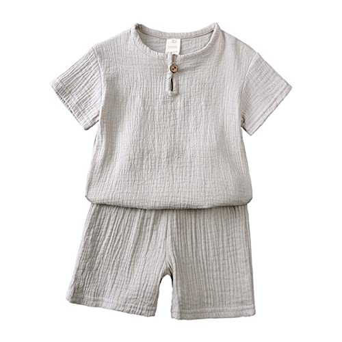 Baby Kleidung Sommer Set Baby Jungen Mädchen Kleidung 2 PCS Outfit Einfarbige Kurzarm Leinen Shirt Top + Einfarbige Shorts Baby Set Neugeborene Kleidung (grau-1, 12-24 Monate) von ShangSRS