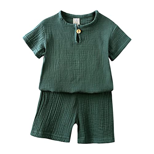 Baby Kleidung Sommer Set Baby Jungen Mädchen Kleidung 2 PCS Outfit Einfarbige Kurzarm Leinen Shirt Top + Einfarbige Shorts Baby Set Neugeborene Kleidung (grün-1, 12-24 Monate) von ShangSRS