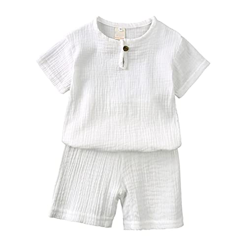 Baby Kleidung Sommer Set Baby Jungen Mädchen Kleidung 2 PCS Outfit Einfarbige Kurzarm Leinen Shirt Top + Einfarbige Shorts Baby Set Neugeborene Kleidung (weiß-1, 3-4 Jahre) von ShangSRS