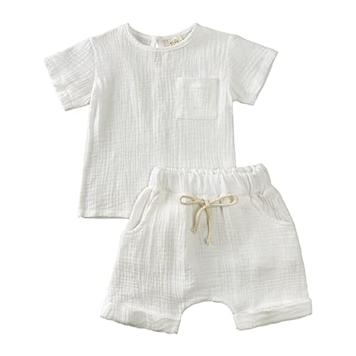 Baby Kleidung Sommer Set Baby Jungen Mädchen Kleidung 2 PCS Outfit Einfarbige Kurzarm Leinen Shirt Top + Einfarbige Shorts Baby Set Neugeborene Kleidung (weiß-2, 12-24 Monate) von ShangSRS