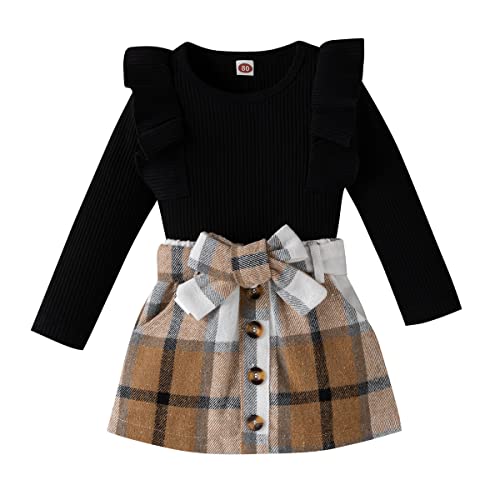 Babykleidung Set Baby Mädchen Kleidung Outfit 2 Stück Rüschen/Flying Sleeve Rundhalsausschnitt Langarm Top +Klassische Karierte Rock Frühling Herbst Bekleidungssets (Schwarz+braun, 3-4 Jahre) von ShangSRS