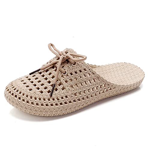 Damen Hausschuhe Atmungsaktiv Mesh Hausschuhe Sommer Hohl Latschen Badeschuhe Strand Slippers Flach Sohle Pantoffeln (Khaki, numeric_39) von ShangSRS
